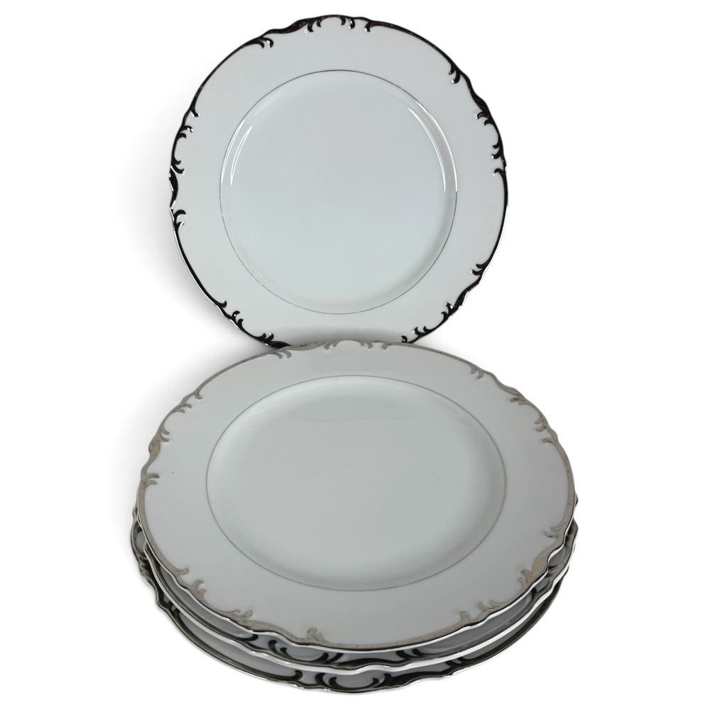 4 Mikasa Dinner Plates Fine China White Marlboro Platinum Trim Set 10.5" Vintage